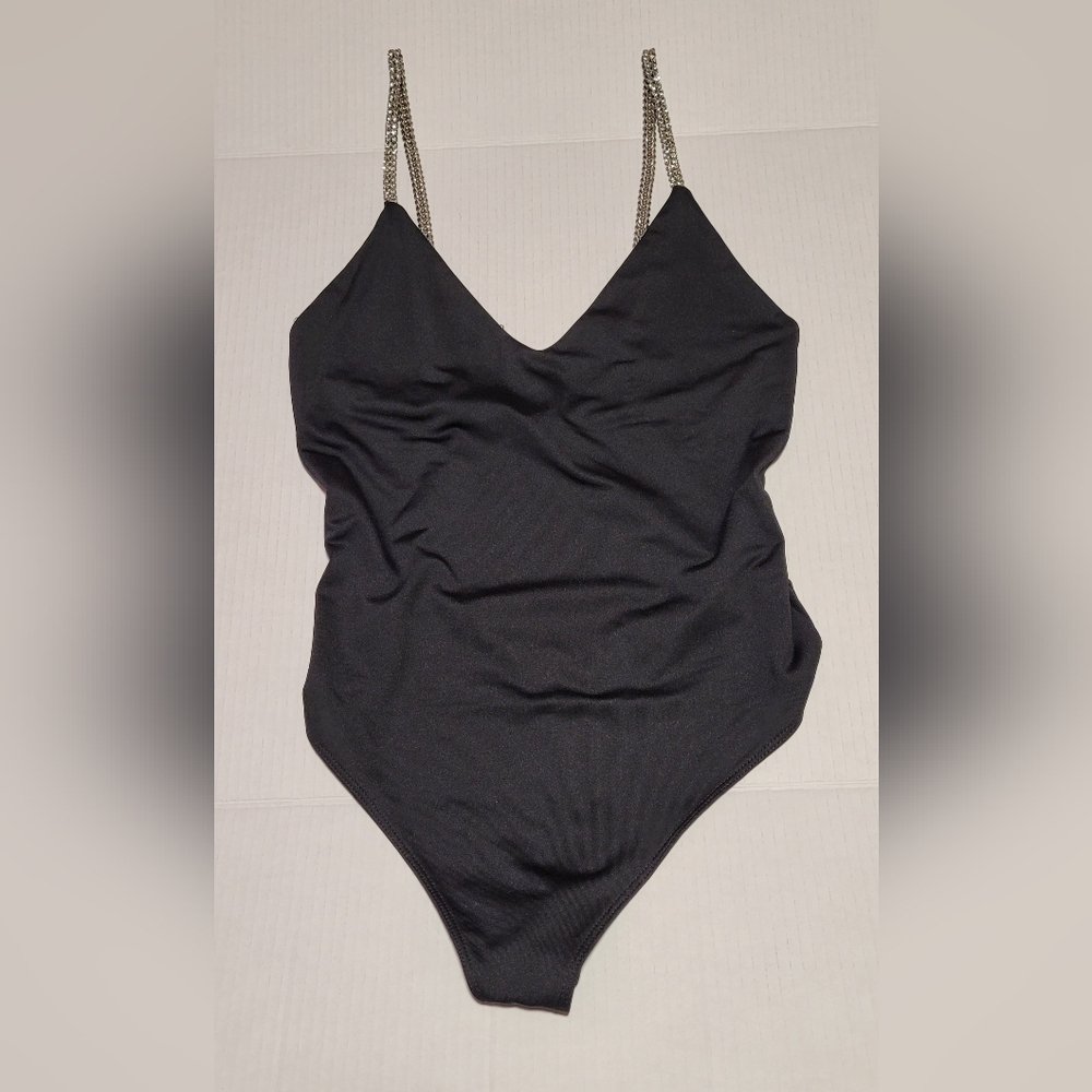 Forever 21 ~ Large Black Bodysuit With Rhinestone Straps